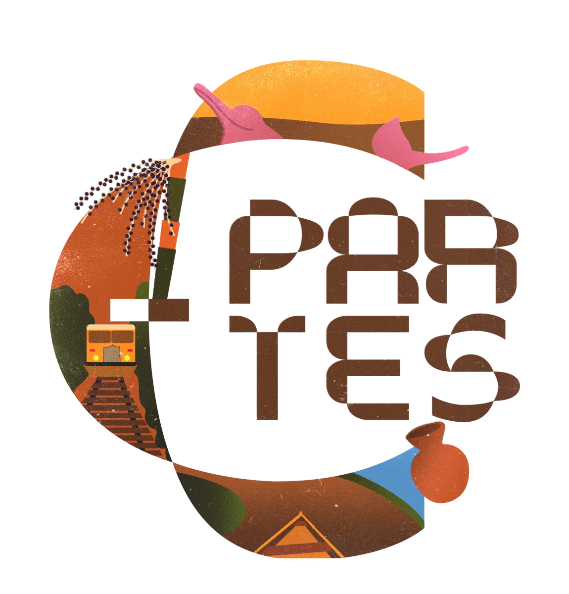 Ilustração do C-Partes com boto, açaí, ferrovia, barro e canoa